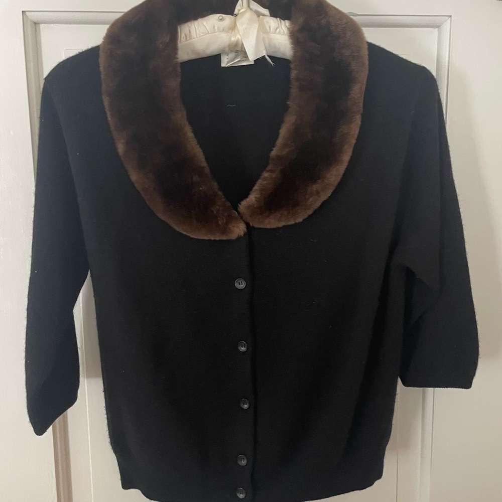 VAida Barni Black Cardigan 100% 2Ply Cashmere Natural Fur Trim Size S/M - Italy